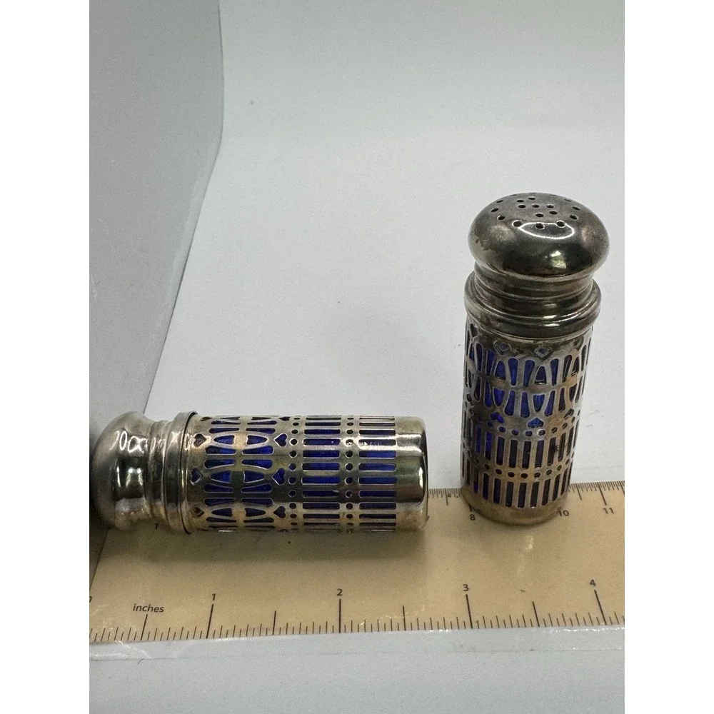 Vtg Silver Cobalt Blue Salt & Pepper Shakers Silver Plate Filigree UK Patent GSA